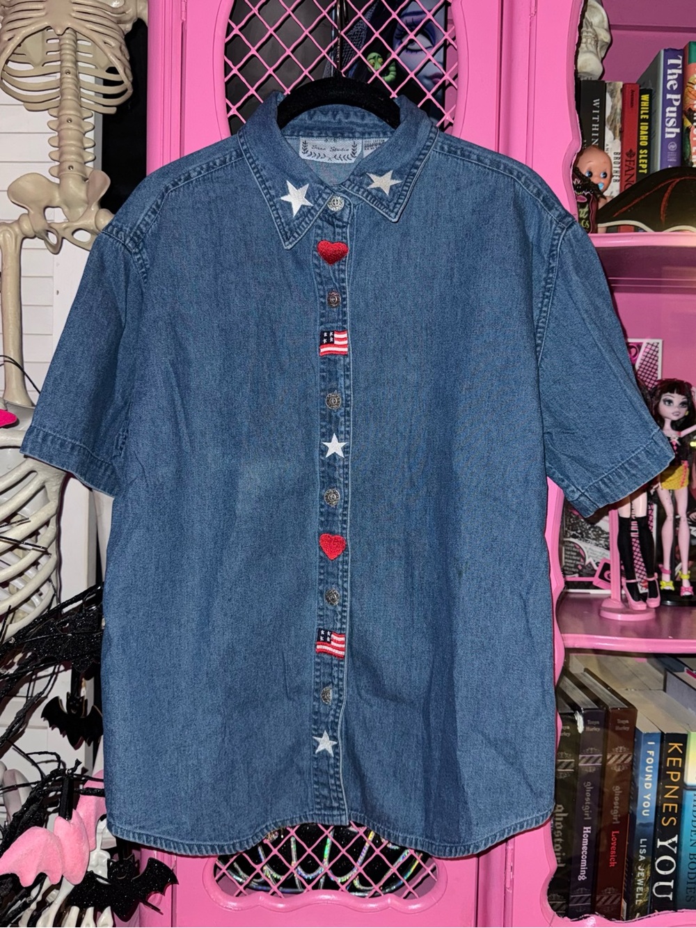 Vtg 90's Embroidered Denim Shirt Sz M Button Up Patriotic 4th July USA